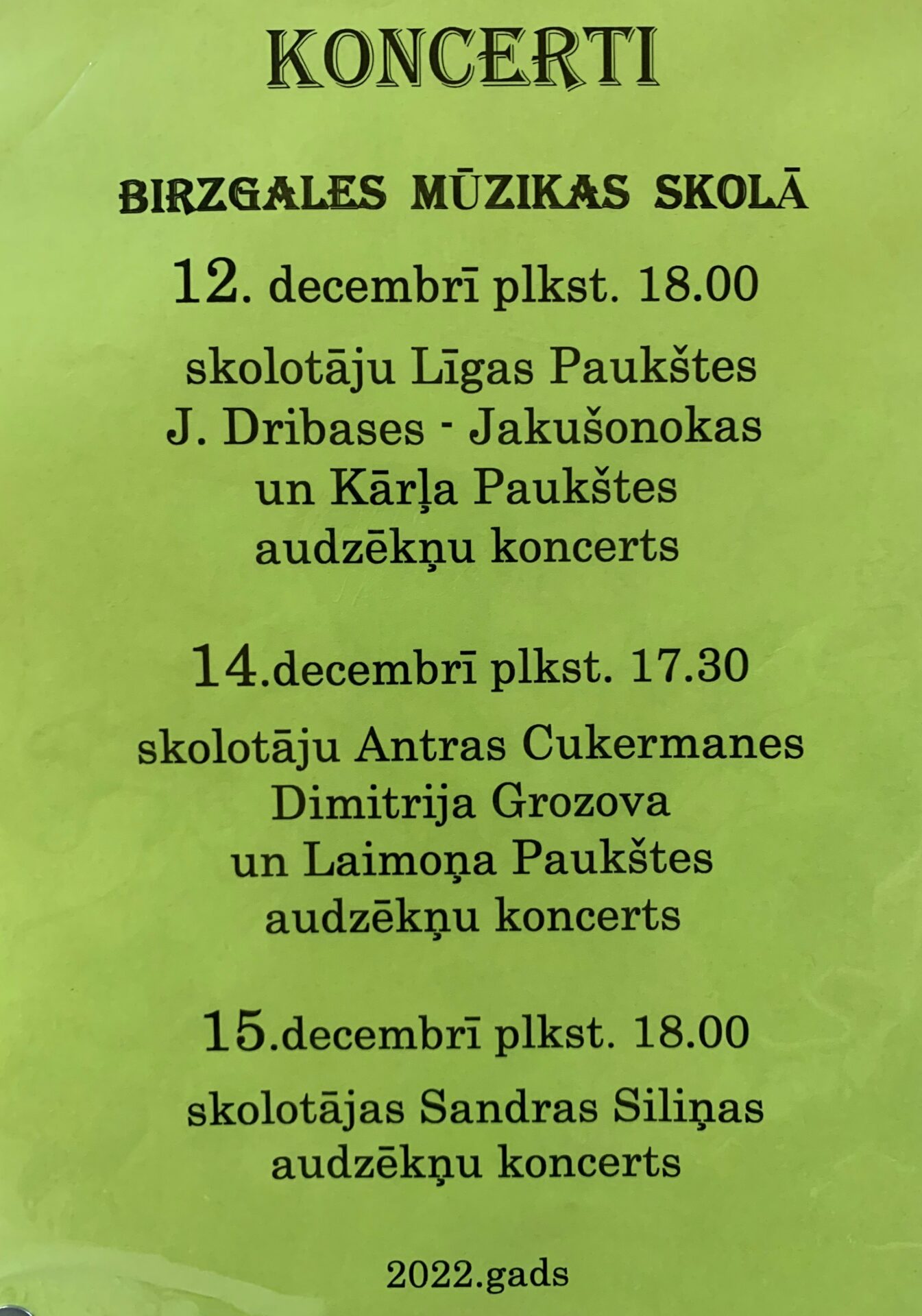 Afiša par mūzikas skolas koncertiem