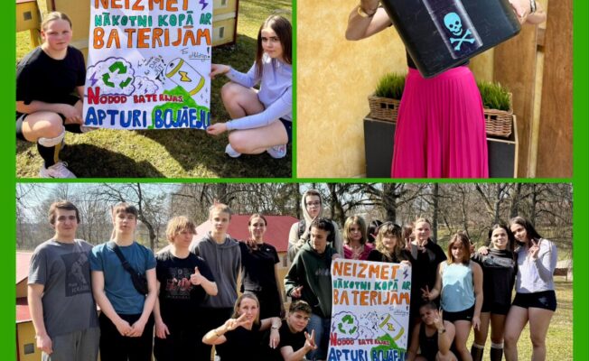 Kolāža ar 8. un 9.klašu jauniešiem, kas piedalās vides kampaņā par bateriju nodošanu pārstrādei. Augšējā kreisajā attēlā trīs meitenes tur plakātu ar uzrakstu: 