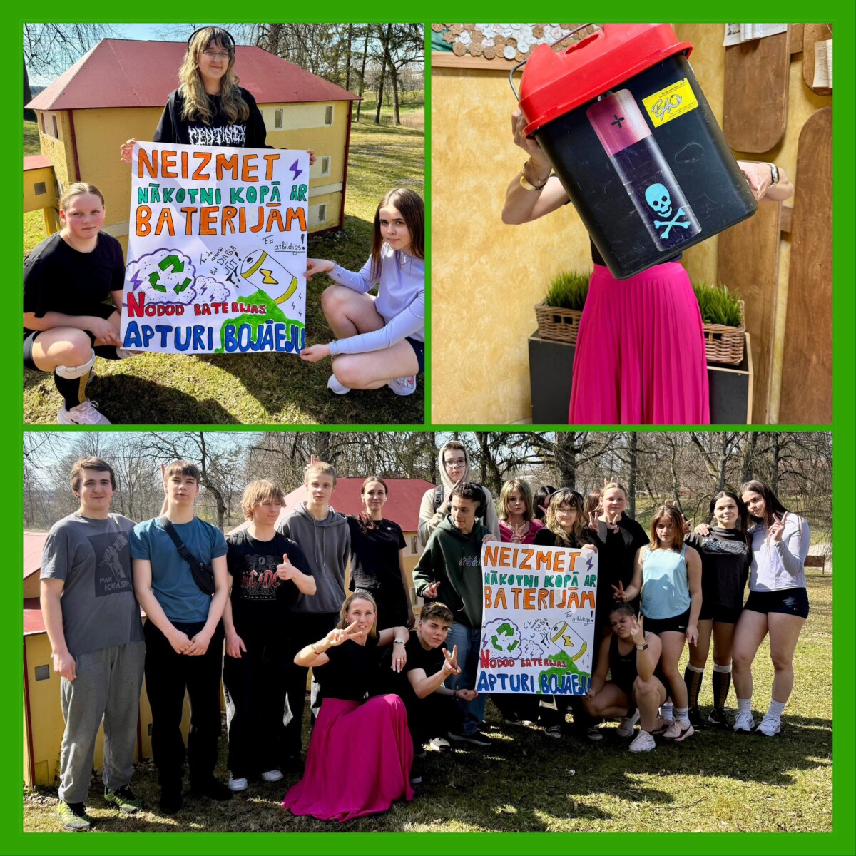 Kolāža ar 8. un 9.klašu jauniešiem, kas piedalās vides kampaņā par bateriju nodošanu pārstrādei. Augšējā kreisajā attēlā trīs meitenes tur plakātu ar uzrakstu: 