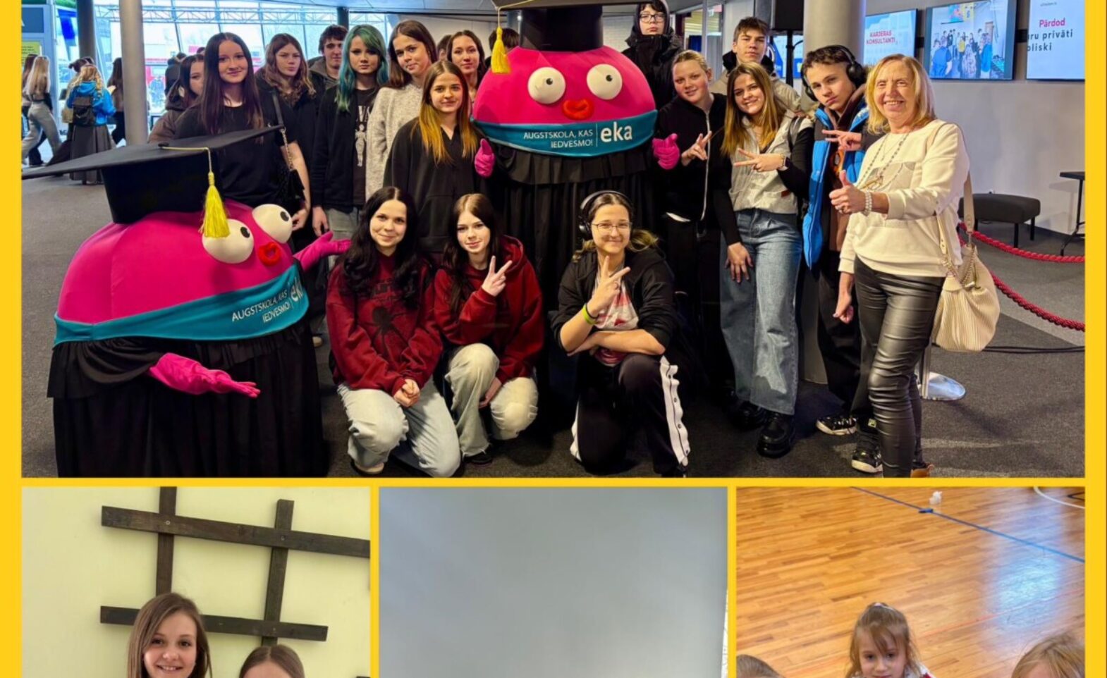 Birzgales pamatskolas mājaslapas titulbilde. Kolāža ar četrām fotogrāfijām. Augšējā attēlā liela jauniešu un pieaugušo grupa pozē kopā ar diviem rozā, pūces formas talismaniem, kuriem ir absolventu cepures un lentes ar uzrakstiem 