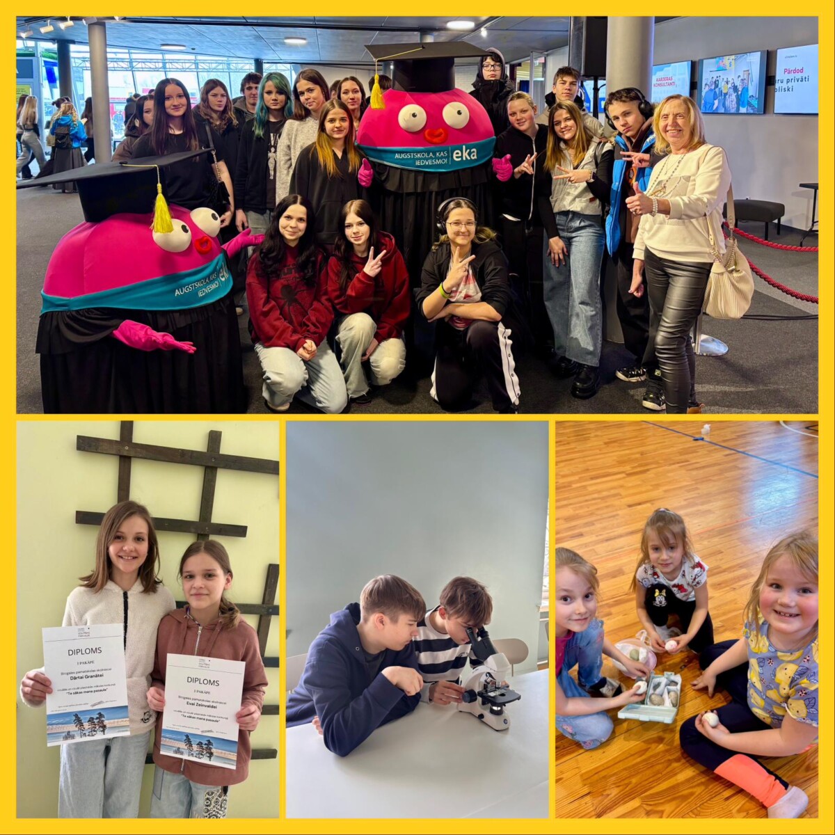 Birzgales pamatskolas mājaslapas titulbilde. Kolāža ar četrām fotogrāfijām. Augšējā attēlā liela jauniešu un pieaugušo grupa pozē kopā ar diviem rozā, pūces formas talismaniem, kuriem ir absolventu cepures un lentes ar uzrakstiem 